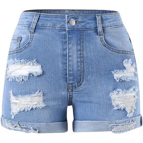 WDIRARA Girl's High Waisted Button Ripped Stretch Straight Leg Denim Shorts with Pockets