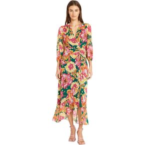 Donna Morgan Women's Foil Printed Wrap Look with Ruching Details | Long Sleeve Maxi Dress