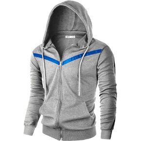 Ohoo Mens Slim Fit Long Sleeve Lightweight V-Shape Zip-up Hoodie with Kanga Pocket