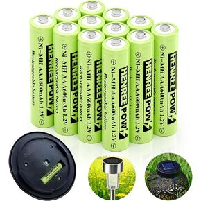Henreepow AAA Rechargeable Battery, 1.2v Ni-MH Solar Batteries, Low Self-Discharge, Pre-Charged Triple A Battery for Solar Pathway Lights, Outdoor Solar Lights (600mAh -12pack)