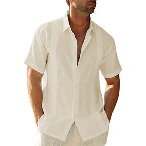 Mens Casual Linen Cotton Button Down Short Sleeve Shirts Cuban Camp Guayabera Beach Tops