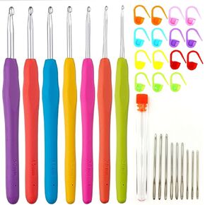 MREIYREI 31PCS 7 Size Crochet Set, 2mm, 2.5mm, 3mm, 3.5mm, 4mm, 4.5mm, 5mm Ergonomic Crochet, Extra Long Crochet with Stitch Markers with Stitch Markers and Large-Eye Blunt Needles