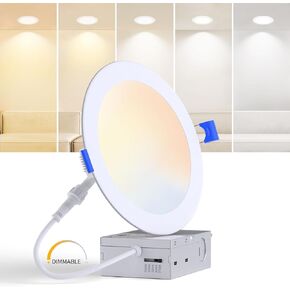 16 Pack 6 Inch 5CCT Ultra-Thin LED Recessed Ceiling Light with Junction Box, 2700K/3000K/3500K/4000K/5000K Selectable, 12W 110W Eqv, 1100LM Dimmable Canless Wafer Downlights for Kitchen Porch, ETL&FCC