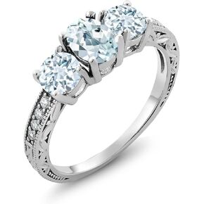 Gem Stone King 925 Sterling Silver Oval Sky Blue Aquamarine and Moissanite Ring For Women | 1.87 Cttw | Gemstone Birthstone, Available In Size 5, 6, 7, 8, 9
