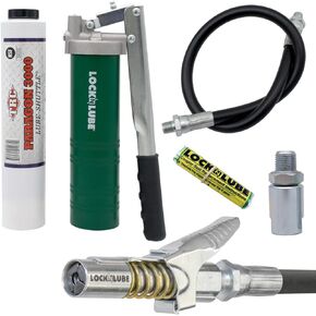 LockNLube Spin-On Lever Grease Gun Kit. Includes: 1 Tube Grease, The Grease Coupler Plus a Heavy-Duty 20" Grease Hose and in-line Hose Swivel.