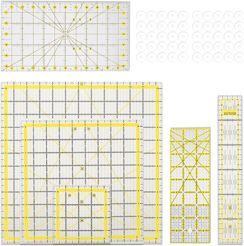 مجموعة مسطرة اللحف الأكريليك 7 قطع، حلقات غير قابلة للانزلاق 50 قطعة، مسطرة قطع القماش مع خطوط شبكية مزدوجة اللون، قوالب خياطة اللحف مسطرة أكريليك مربعة واضحة للخياطة والرسم والحرف اليدوية in Kuwait