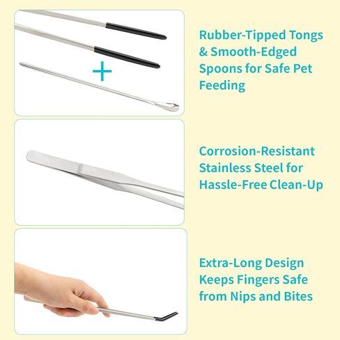 3 Pcs Stainless Steel Reptile Feeding Tool Set with 2 Rubber Tipped Tongs and 1 Crested Gecko Feeding Spoon, Crested Gecko Tank Accessories for Geckos, Lizards, Bearded Dragons, and Small Animals in Kuwait