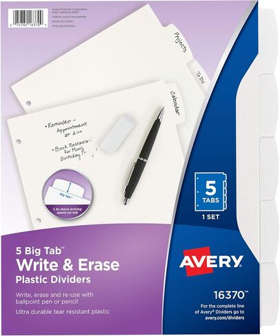 Avery Big Tab Write & Erase Durable Plastic Dividers for 3 Ring Binders, 5-Tab Set, White, 1 Set (16370) in Saudi Arabia