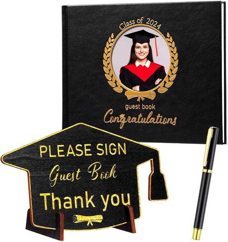 Pasimy Leather Graduation Guest Book with Grad Stand and Signature Pen Guest Sign in Book 2024 Grad Memory Registry Guest Book for College High School Graduation Party Gifts Supplies(Black Gold) in Saudi Arabia