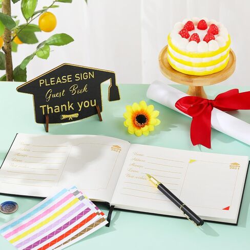 Pasimy Leather Graduation Guest Book with Grad Stand and Signature Pen Guest Sign in Book 2024 Grad Memory Registry Guest Book for College High School Graduation Party Gifts Supplies(Black Gold) in Saudi Arabia