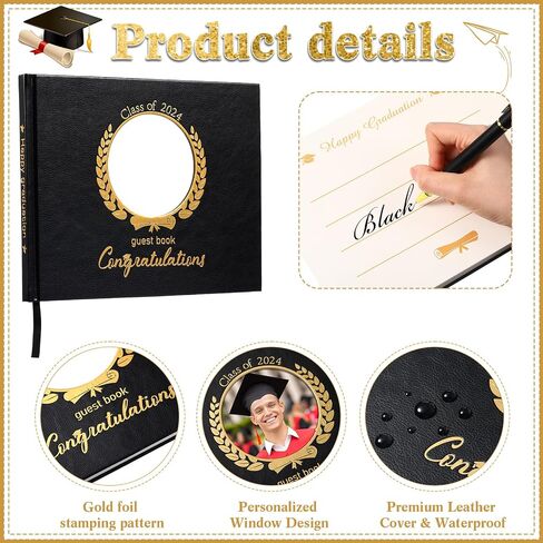 Pasimy Leather Graduation Guest Book with Grad Stand and Signature Pen Guest Sign in Book 2024 Grad Memory Registry Guest Book for College High School Graduation Party Gifts Supplies(Black Gold) in Saudi Arabia