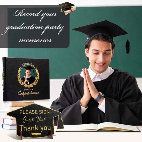 Pasimy Leather Graduation Guest Book with Grad Stand and Signature Pen Guest Sign in Book 2024 Grad Memory Registry Guest Book for College High School Graduation Party Gifts Supplies(Black Gold) in Saudi Arabia