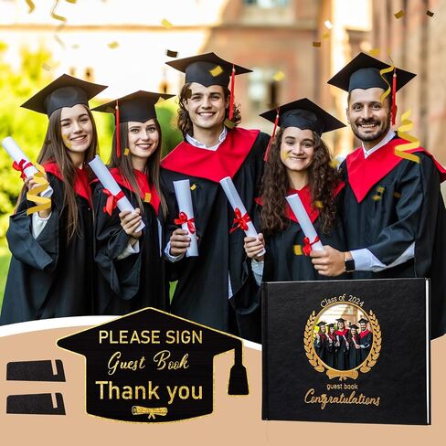 Pasimy Leather Graduation Guest Book with Grad Stand and Signature Pen Guest Sign in Book 2024 Grad Memory Registry Guest Book for College High School Graduation Party Gifts Supplies(Black Gold) in Saudi Arabia