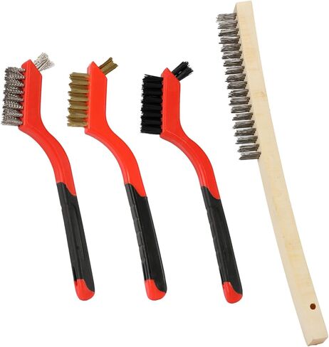 مجموعة فرش سلكية مكونة من 4 قطع، شعيرات من الفولاذ المقاوم للصدأ والنحاس والنايلون مع مقبض منحني لتنظيف الطلاء والأوساخ الصدأ وتنظيف عميق، 3 قطع 7 بوصات و1 قطعة 14 بوصة in Kuwait