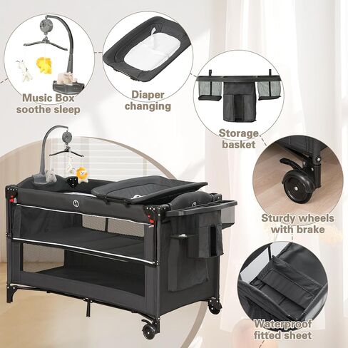 5 in 1 Baby Bassinet Beside Sleeper, Pack and Play Bassinet , Beside Sleeper for Newborn to Toddlers,Multifunction Portable Playard with Bassinet Crib,Soft Toys,Waterproof Sheet,Diaper Changer. in Saudi Arabia