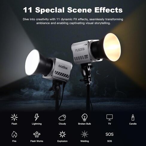 Godox ML60IIBi 70W LED Video Light Kit with 2X NP970 Lithium Battery, COB LED Monolight Bowens Mount Bi-Color 2700-6500k Photography Lighting AC/DC Power Support App Control for Studio Live Streaming in Saudi Arabia