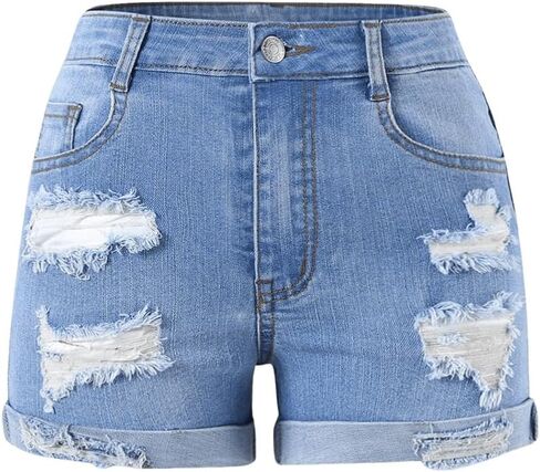 WDIRARA Girl's High Waisted Button Ripped Stretch Straight Leg Denim Shorts with Pockets in Saudi Arabia