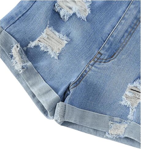 WDIRARA Girl's High Waisted Button Ripped Stretch Straight Leg Denim Shorts with Pockets in Saudi Arabia