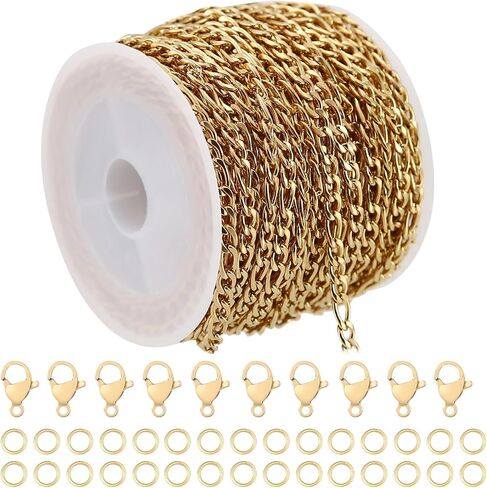 Shuaizhennuo Figaro Chain Link 32.8 Feet 304 Stainless Steel Bracelet Necklace Chain Spool in Bulk for DIY Men Women Jewelry Making with Lobster Clasps, Jump Rings (Gold) in Saudi Arabia