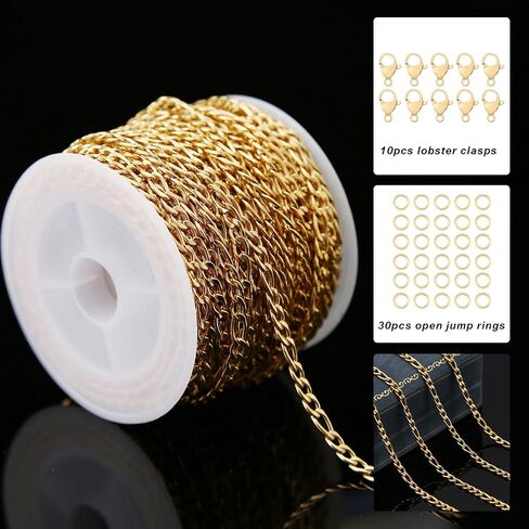 Shuaizhennuo Figaro Chain Link 32.8 Feet 304 Stainless Steel Bracelet Necklace Chain Spool in Bulk for DIY Men Women Jewelry Making with Lobster Clasps, Jump Rings (Gold) in Saudi Arabia