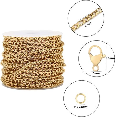 Shuaizhennuo Figaro Chain Link 32.8 Feet 304 Stainless Steel Bracelet Necklace Chain Spool in Bulk for DIY Men Women Jewelry Making with Lobster Clasps, Jump Rings (Gold) in Saudi Arabia
