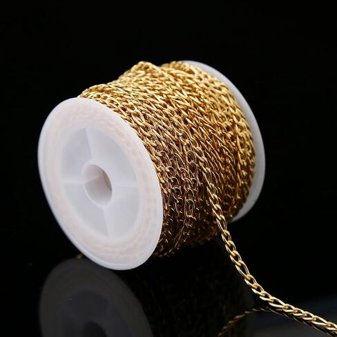 Shuaizhennuo Figaro Chain Link 32.8 Feet 304 Stainless Steel Bracelet Necklace Chain Spool in Bulk for DIY Men Women Jewelry Making with Lobster Clasps, Jump Rings (Gold) in Saudi Arabia