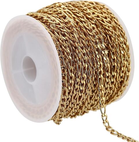 Shuaizhennuo Figaro Chain Link 32.8 Feet 304 Stainless Steel Bracelet Necklace Chain Spool in Bulk for DIY Men Women Jewelry Making with Lobster Clasps, Jump Rings (Gold) in Saudi Arabia