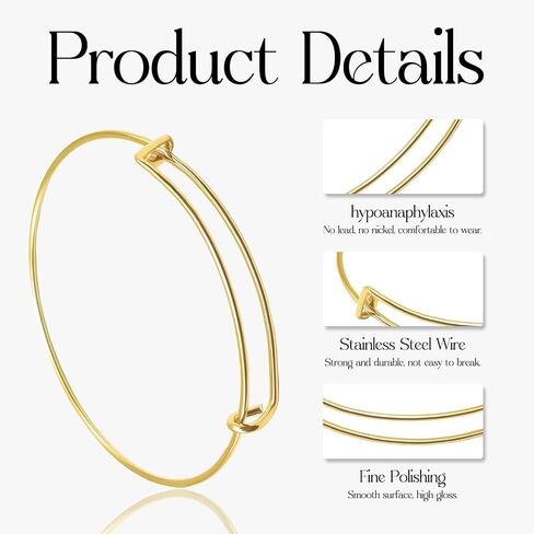 Gold Expandable Bangle Blank Bracelets, Adjustable Wire Bracelets Blank Stainless Steel Bangles Bracelets Set for Jewelry Making Charms Bulk (20PCS) in Kuwait