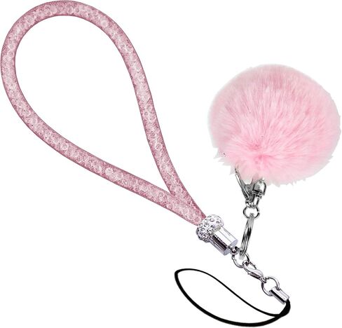 Lanyard with Pompom and Fishnet Tube Filled with Sparkly Rhinestones,Bling Wrist Strap for Phone,Camera,ID Badge and USB Key,Short-Pink in Saudi Arabia