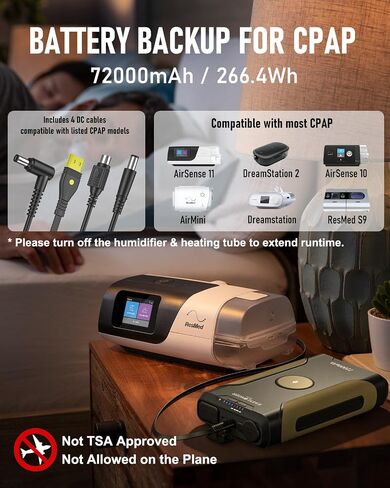 EASYLONGER CPAP Battery Backup ES720, 72000mAh CPAP Power Supply with 4 Cables for ResMed S9/ AirMini/AirSense 10/ AirCurve 10/ AirSense 11/ Philips Dreamstation, 266.4Wh Battery for Outdoor Camping in Saudi Arabia