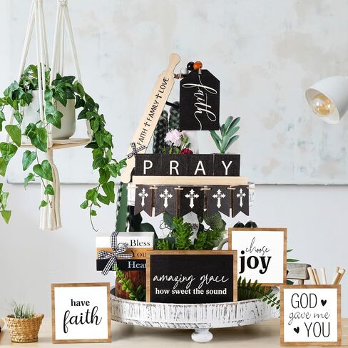 Tatuo 13 Pcs Religious Tiered Tray Decor Set Faith Wooden Table Decor Christian Farmhouse Decorations Rustic Faith Pray Cross Wood Block Signs for Home Church Tabletop Centerpieces Easter Decor in Saudi Arabia