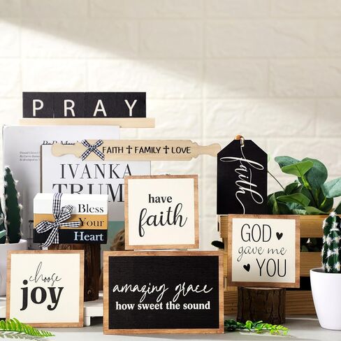 Tatuo 13 Pcs Religious Tiered Tray Decor Set Faith Wooden Table Decor Christian Farmhouse Decorations Rustic Faith Pray Cross Wood Block Signs for Home Church Tabletop Centerpieces Easter Decor in Saudi Arabia