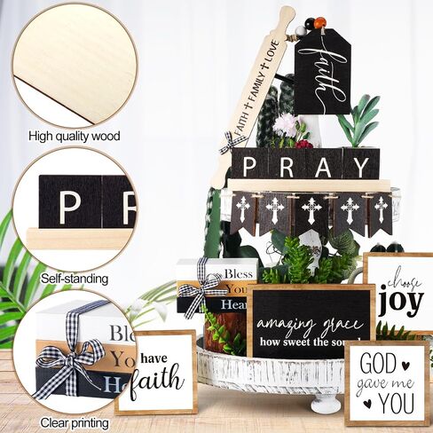 Tatuo 13 Pcs Religious Tiered Tray Decor Set Faith Wooden Table Decor Christian Farmhouse Decorations Rustic Faith Pray Cross Wood Block Signs for Home Church Tabletop Centerpieces Easter Decor in Saudi Arabia