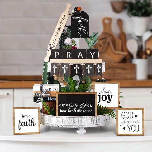 Tatuo 13 Pcs Religious Tiered Tray Decor Set Faith Wooden Table Decor Christian Farmhouse Decorations Rustic Faith Pray Cross Wood Block Signs for Home Church Tabletop Centerpieces Easter Decor in Saudi Arabia