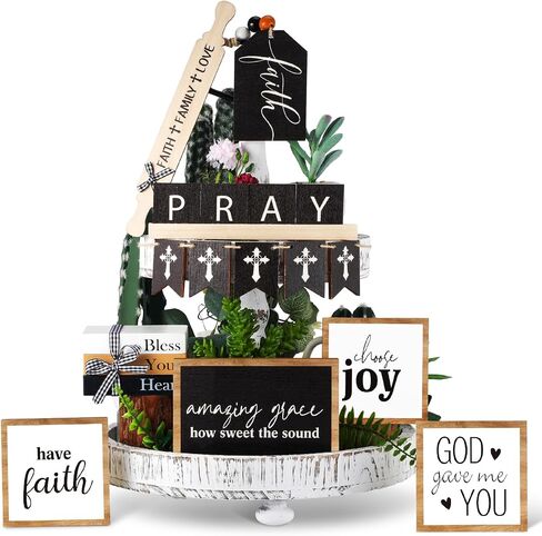 Tatuo 13 Pcs Religious Tiered Tray Decor Set Faith Wooden Table Decor Christian Farmhouse Decorations Rustic Faith Pray Cross Wood Block Signs for Home Church Tabletop Centerpieces Easter Decor in Saudi Arabia