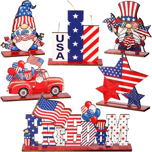 Yalikop 6 Pcs Patriotic Table Decorations Memorial Day Table Centerpiece 4th of July Decorations Wood Freedom Truck Star Gnome Decor Wooden Table Signs for Independence Day Veteran Day Party Decor in Saudi Arabia