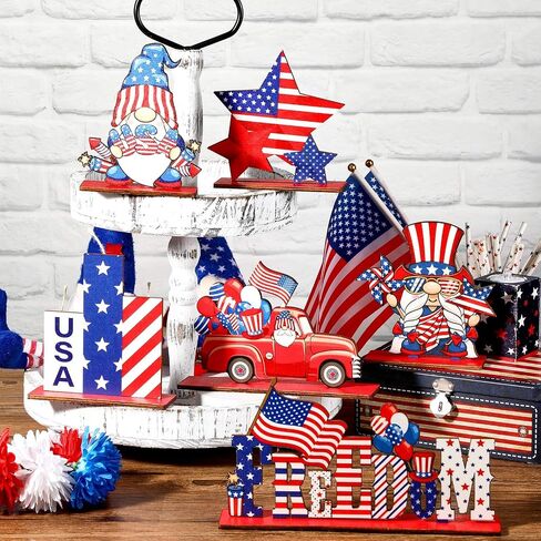 Yalikop 6 Pcs Patriotic Table Decorations Memorial Day Table Centerpiece 4th of July Decorations Wood Freedom Truck Star Gnome Decor Wooden Table Signs for Independence Day Veteran Day Party Decor in Saudi Arabia