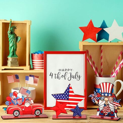 Yalikop 6 Pcs Patriotic Table Decorations Memorial Day Table Centerpiece 4th of July Decorations Wood Freedom Truck Star Gnome Decor Wooden Table Signs for Independence Day Veteran Day Party Decor in Saudi Arabia