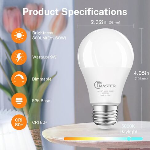 A19 LED Light Bulb, 100W Equivalent Light Bulbs, 15W 5000K Daylight, 1500 Lumens, Non-Dimmable LED Bulb, E26 Standard Base for Indoor and Outdoor, ETL Listed, 6-Pack in Saudi Arabia