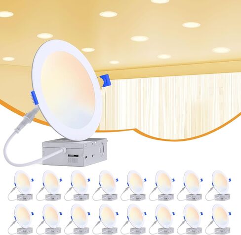 16 حزمة 6 بوصة 5CCT رفيعة للغاية LED ضوء السقف مع صندوق وصلات، 2700K/3000K/3500K/4000K/5000K قابلة للاختيار، 12W 110W Eqv، 1100LM مصابيح سفلية من الرقاقة غير القابلة للتعتيم لشرفة المطبخ، ETL&FCC in Kuwait