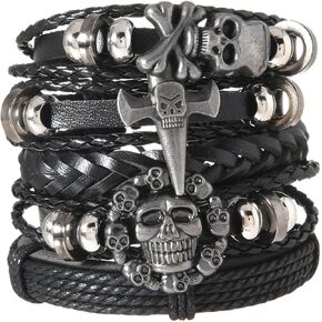 Viking Bracelet for Men 5Pcs Gothic Skull Leather Braided Bracelet Set Punk Skull Axe Charm Handmade Woven Wristband Cuff for StreetwearParty (Adjustable) in Saudi Arabia