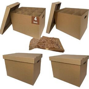 صناديق المطبخ المتحركة مع مجموعات مقسمة لتغليف أطباق النبيذ الزجاجية وأغطية الوسائد، 4 عبوات مقاس 17 × 12 × 12 بوصة، مقابض معززة، خالية من الأشرطة (CK171212) in Kuwait