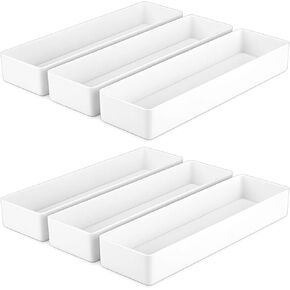 6 عبوات من صواني تنظيم المكتب البلاستيكية البيضاء، منظمات أدراج مستطيلة قابلة للتكديس للمكتب والمطبخ والحمام والغرور، 9.45 × 2.95 × 1.38 بوصة in Kuwait