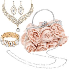 Rose Wedding Jewelry Set 4 Piece for Bride with Clutch Purse, Rhinestone Crystal Necklace Earrings Bracelet, Formal Accessories for Prom Party Banquet Anniversary in Saudi Arabia