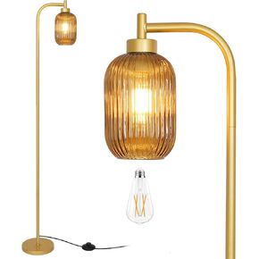 مصابيح أرضية زجاجية لغرفة المعيشة، مصباح ذهبي عتيق مع لمبة LED، ظل زجاجي مخطط كهرماني، مفتاح قدم، مصباح زاوية طويل من النحاس الحديث في منتصف القرن لغرفة النوم وغرفة القراءة in Kuwait