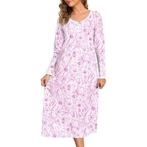 ثوب نوم نسائي طويل الأكمام 100% قطن ناعم بطول الركبة ملابس نوم للنساء فستان مريح للاستراحة بيجامة in Kuwait