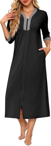 Ekouaer Women's Zipper Robe 3/4 Sleeves Housecoat Full Length Nightgown Soft Loungewear Robe with Pockets(Black, Large) in Saudi Arabia