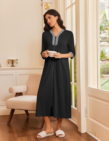 Ekouaer Women's Zipper Robe 3/4 Sleeves Housecoat Full Length Nightgown Soft Loungewear Robe with Pockets(Black, Large) in Saudi Arabia