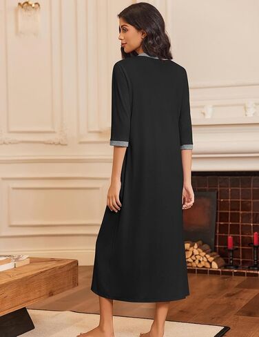 Ekouaer Women's Zipper Robe 3/4 Sleeves Housecoat Full Length Nightgown Soft Loungewear Robe with Pockets(Black, Large) in Saudi Arabia