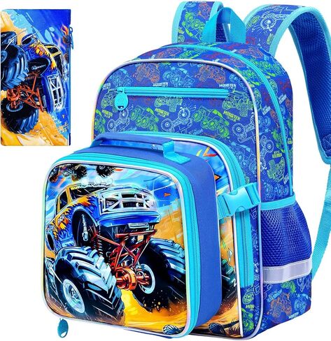 KLFVB 3PC Bookbag for Kids, Boys Truck Backpack Set with Clip-On Lunch Bag, Water Resistant Preschool Backpacks for Elementary - Dynamic Dual-Truck Blue in Saudi Arabia